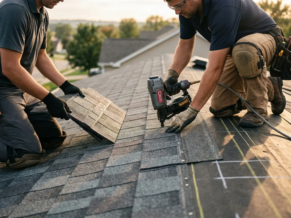 Professional roofer working on a residential roof in Waukegan